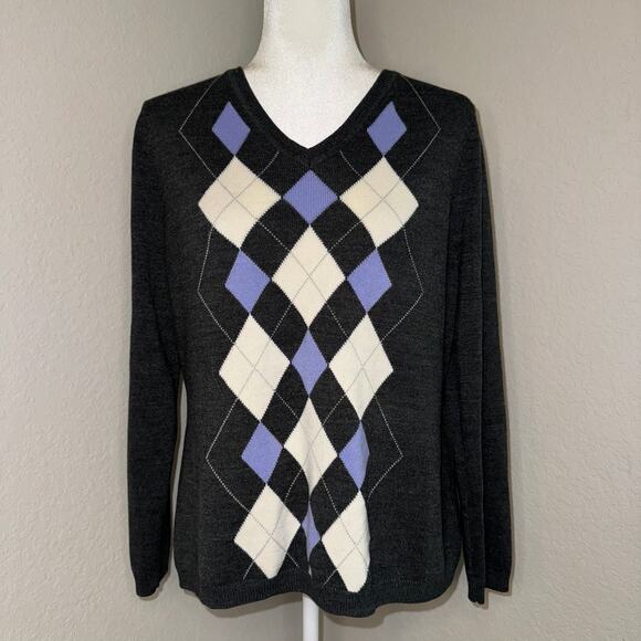 croft & barrow Tops - Croft & Borrow Gray & Lavender Purple Argyle Long Sleeve Pullover Sweater XL
